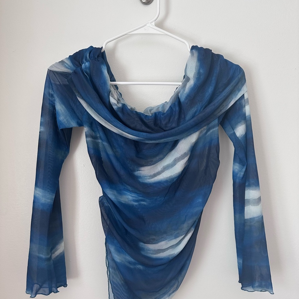 Blue and White Sheer Long Sleeve Top